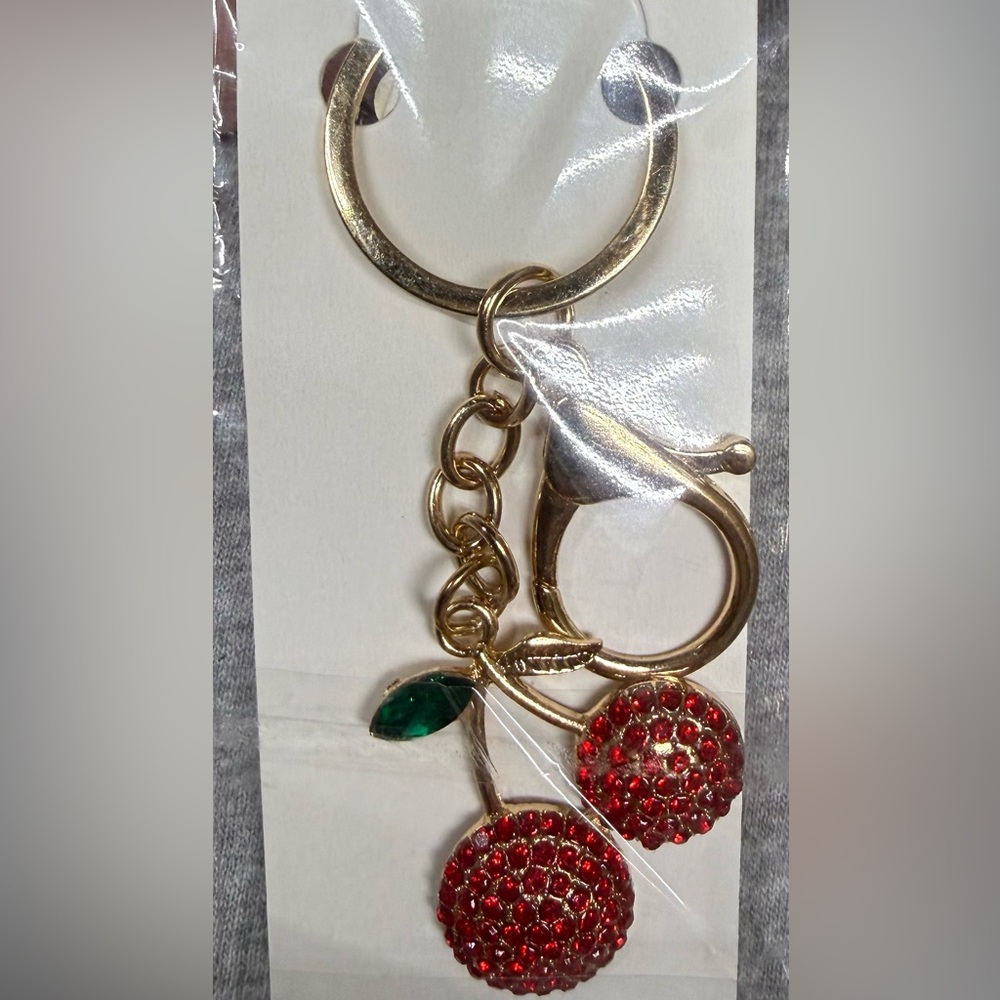 NWT Gold and Red Cherry Chunky Bag Charm / Keychain with Ring and Clasp